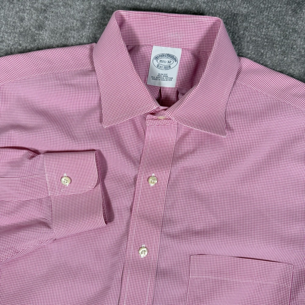 Brooks Brothers Shirt‎ Men's 15.5 32 Pink Check Long Sleeve Button Up Slim Fit